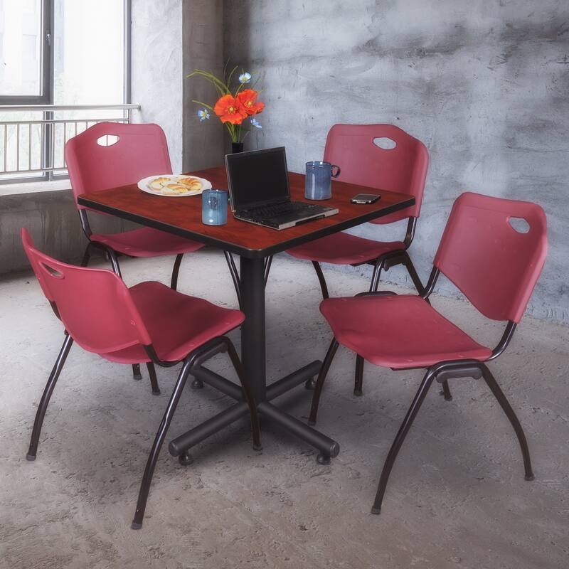30 in. Square Breakroom Table- Cherry & 4 'M' Stack Chairs- Burgundy