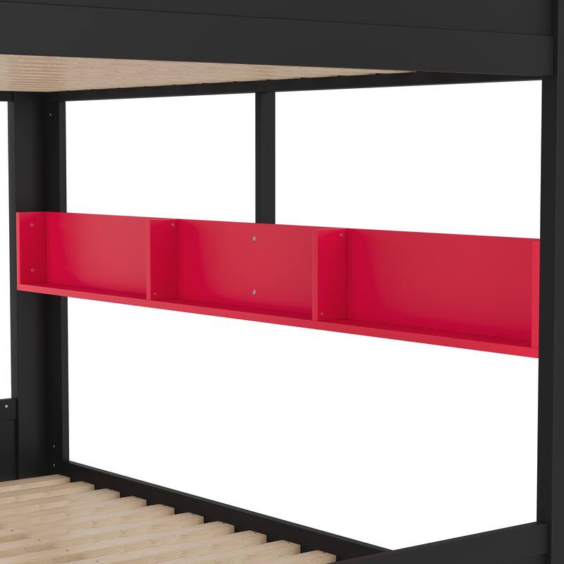 Queen over Queen Bunk Bed Rustic House Bunk Bed with Hooks Storage Shelves, Solid Wood Under-bed Storage Drawers or Trundle