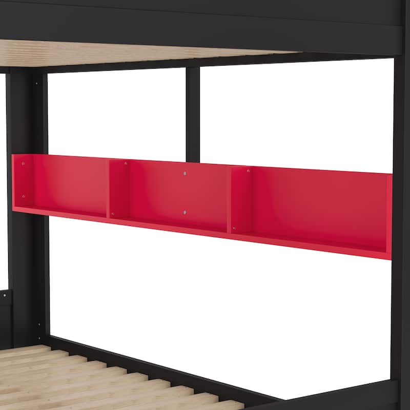 Queen over Queen Bunk Bed with Trundle, Shelves and Hooks