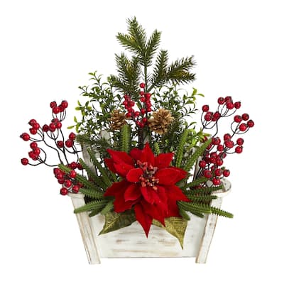 18" Poinsettia, Succulent and Berry Arrangement in Bench Planter