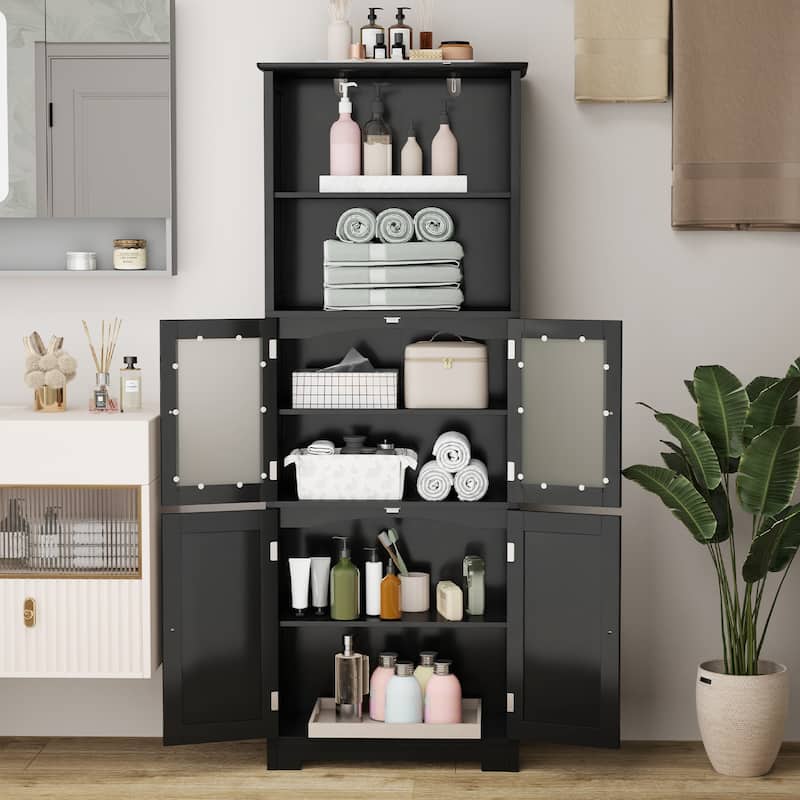 Gymax Bathroom Tall Storage Cabinet Linen Tower w/ Glass Door &