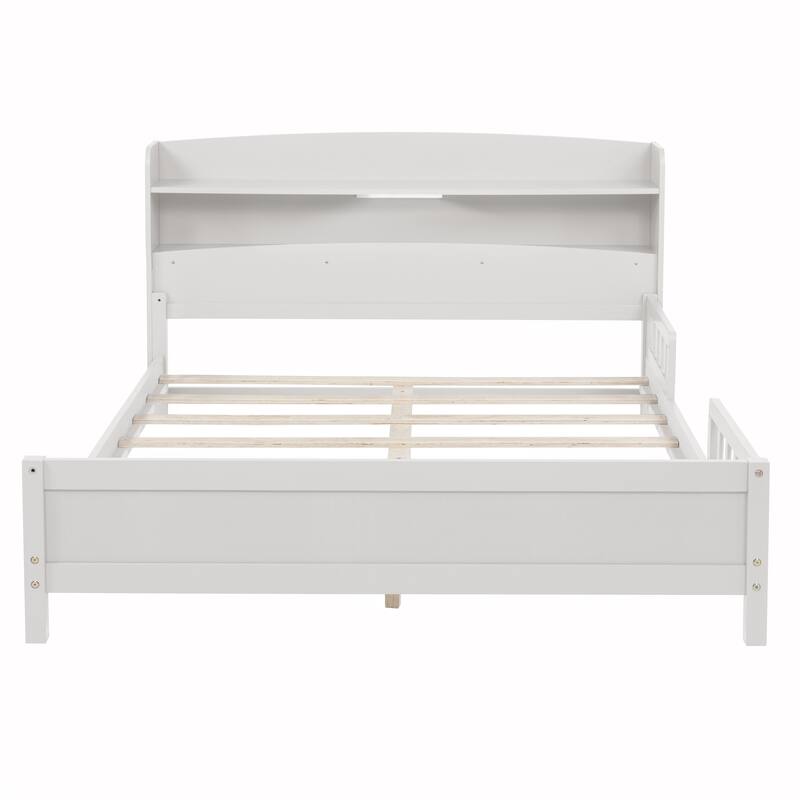 Full Size Pine Bed w/ Bookcase Headboard ,LED Sensor Light, Guardrails