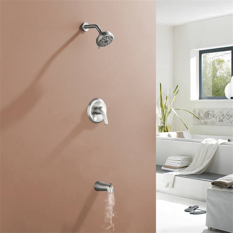 Wall Mount Tub and Shower Faucet Brushed Nickel Complete Pressure Balance Shower System Trim Kit Wth Rough-in Valve