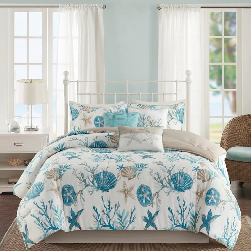 Madison Park Pacific Grove 7 Piece Cotton Sateen Comforter Set - Aqua - California King