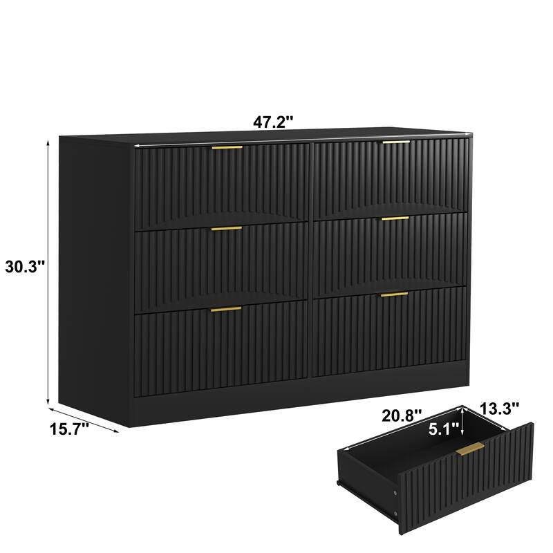 Modern 6 Drawer Dresser with Wavy Drawer Fronts, Large Chest of Drawers Storage Cabinet for Bedroom Living Room