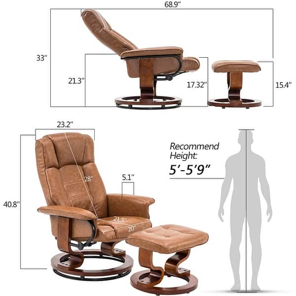 dimension image slide 7 of 6, MCombo Swiveling Recliner Chair with Wood Base and Ottoman