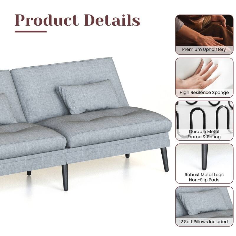 Grondin Convertible Futon Sofa Bed, 5-Angle Adjustable Backrest Sleeper Couch with 2 Pillows, Modern Style Recliner Lounge