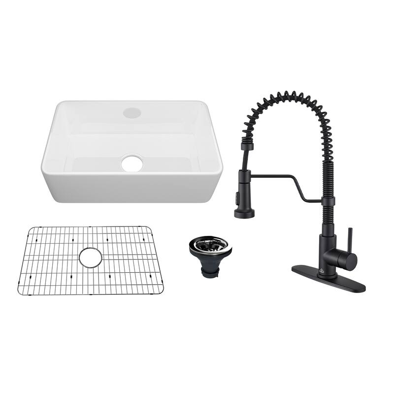 Farmhouse/Apron-Front Single Bowl Fireclay Kitchen Sink with 3-Function Pull-Down Faucet, Bottom Grid, and Basket Strainer - 30" Glossy White Sink+3-Function Pull-Down Faucet - 30 x 18 x 10