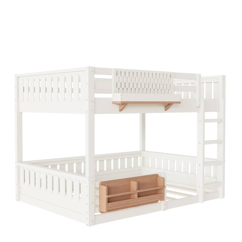 Roomfitters Queen over Queen Bunk Bed with Bookshelf and Pegboard, Solid Wood Split Frame