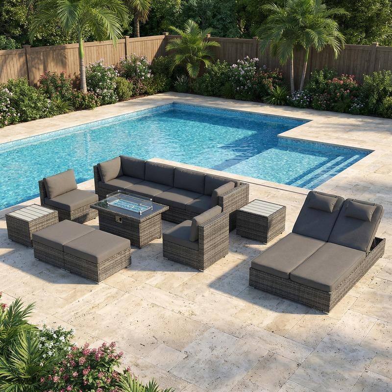 Outdoor Sectional Conversation Set PE Wicker with Double Chaise Lounge, 60,000 BTU Fire Pit Table - 12-Piece/Table-A - Dark Gray