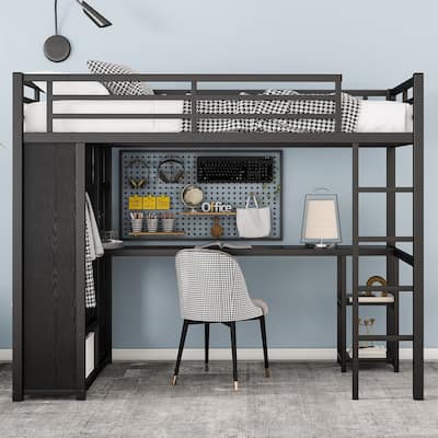 Heavy Duty Metal High Loft Bed Frame with Built In Desk and Wardrobe