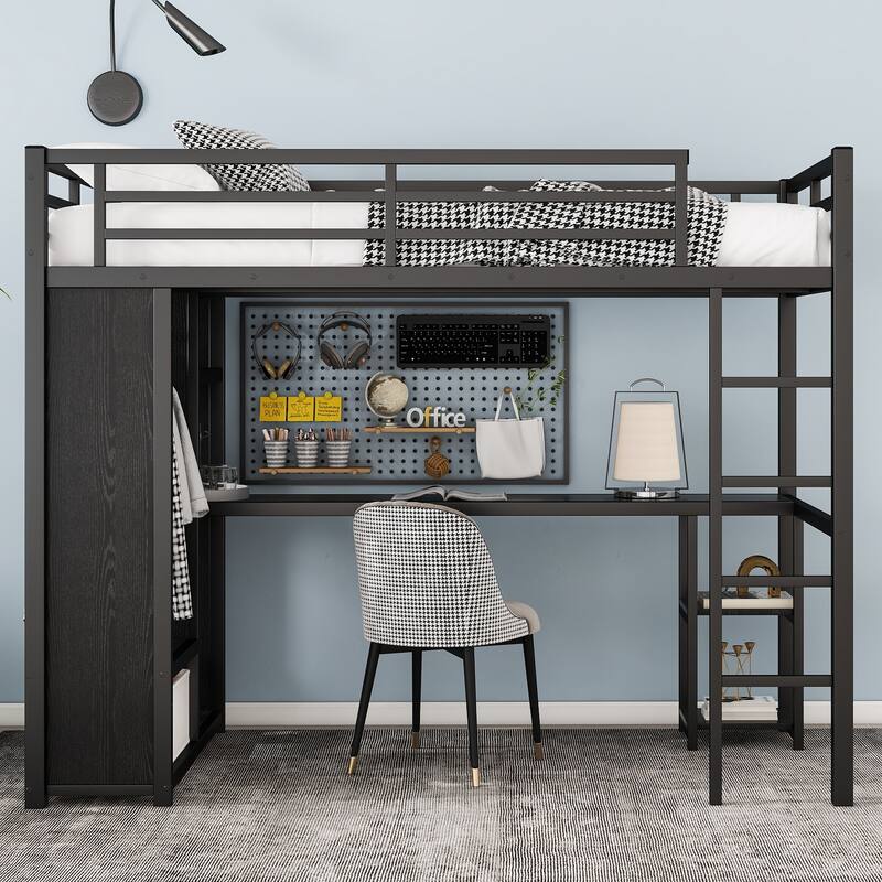 High Loft Bed Metal Bed Frame with Built-in Open Wardrobe, Desk and Storage Shelves, Twin XL Size Loft Bed with Guardrails