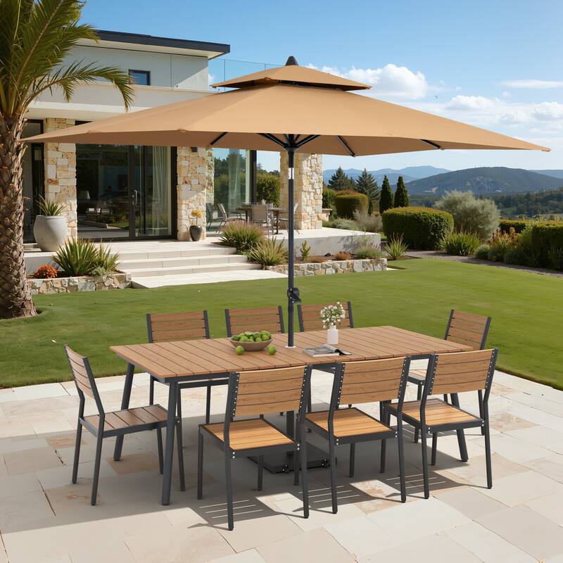 11-Piece Outdoor Dining Set Aluminum Table and 8 Stackable Chairs w/ 10 ft Umbrella and Base Stand - Brown Table with Tan Umbrella