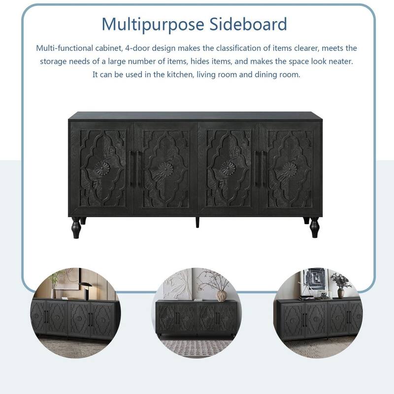 Carved Flower Door Large Storage Cabinet With Metal Handle Suitable for Living Room, Kitchen