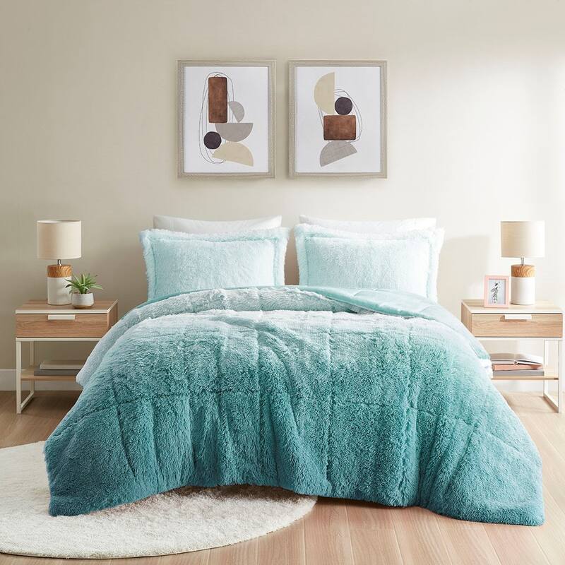 King Cal King Ombre Shaggy Long Fur Comforter Mini Set