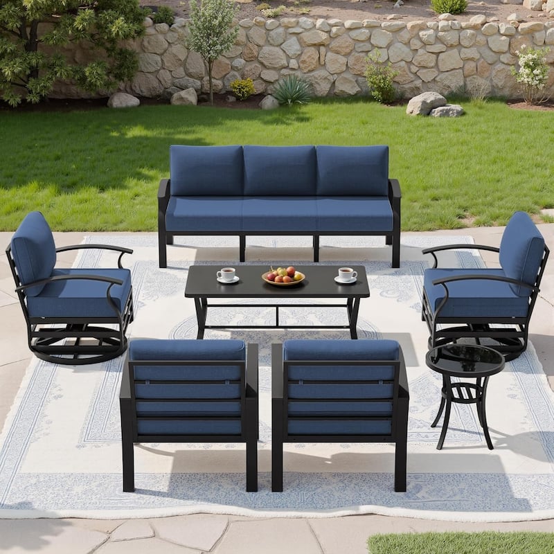 Kullavik Aluminum Outdoor Patio Sectional Sofa Set with Swivel Rocking Chairs and Coffee Table - Navy - 7-Seats-Rectangular Table