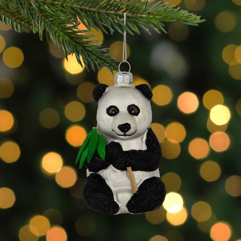 Glittered Panda Bear Glass Christmas Hanging Ornament - 4" - Black and White