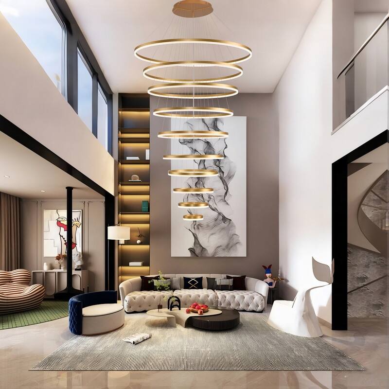 Modern Ring LED Chandelier Ring Adjustable Ceiling Light with Remote Control for High Ceilings