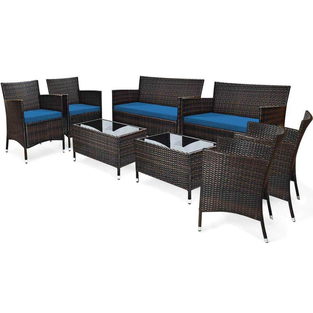 8PCS Patio Rattan Conversation Set Outdoor Furniture Set w/ End Table
