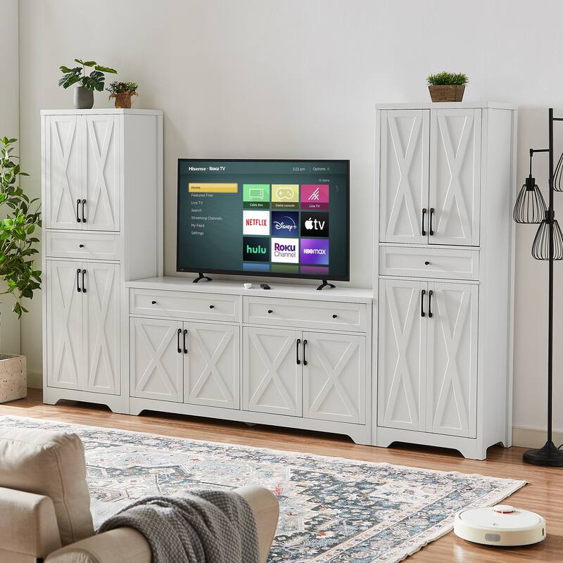 TV Cabinet Set Multifunctional TV Wall, One TV Cabinet and Two Sideboards for Living Room, White, 108.7''L x 15''W x 68''H