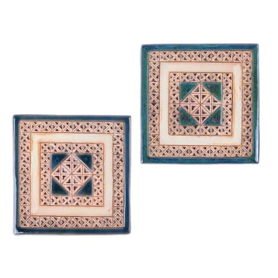 Novica Handmade Blue Cosmopolis Ceramic Coasters (Pair)