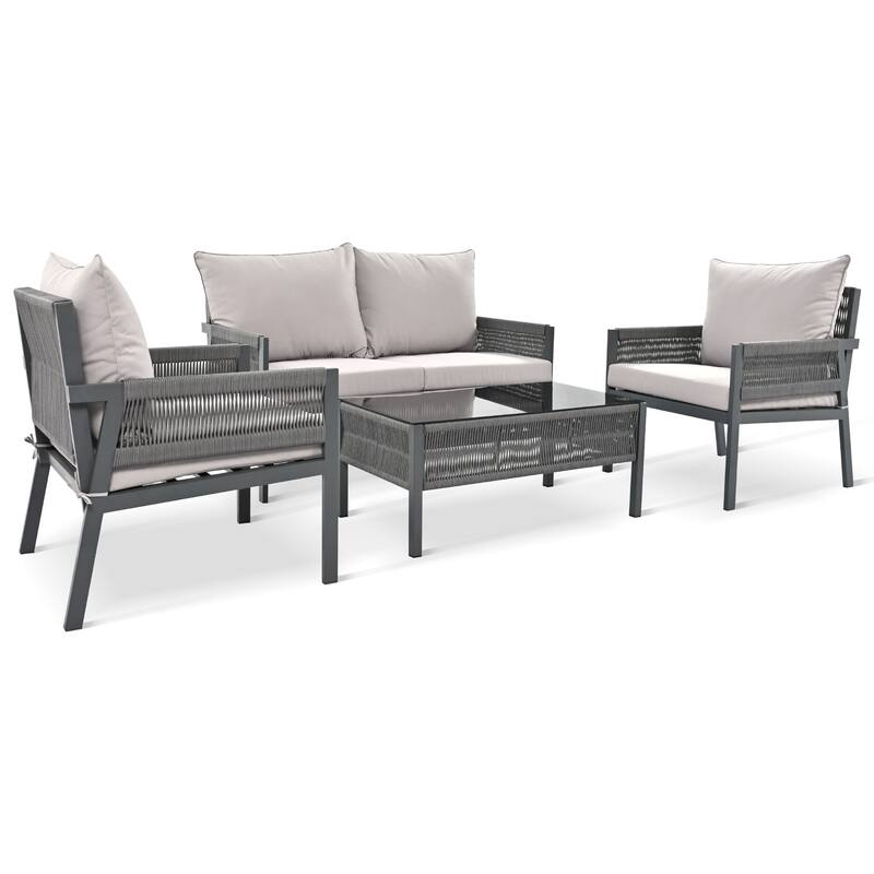 4-Piece Metal Rope Patio Conversation Set with Tempered Glass Table and Cushions
