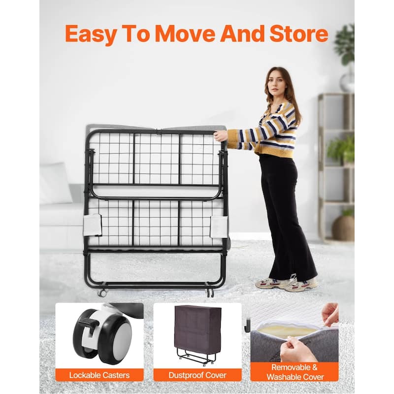Rollaway Folding Bed with 4 Inch Foam White Mattress and Black Sturdy Steel Frame Perfect for Dorm or Guest