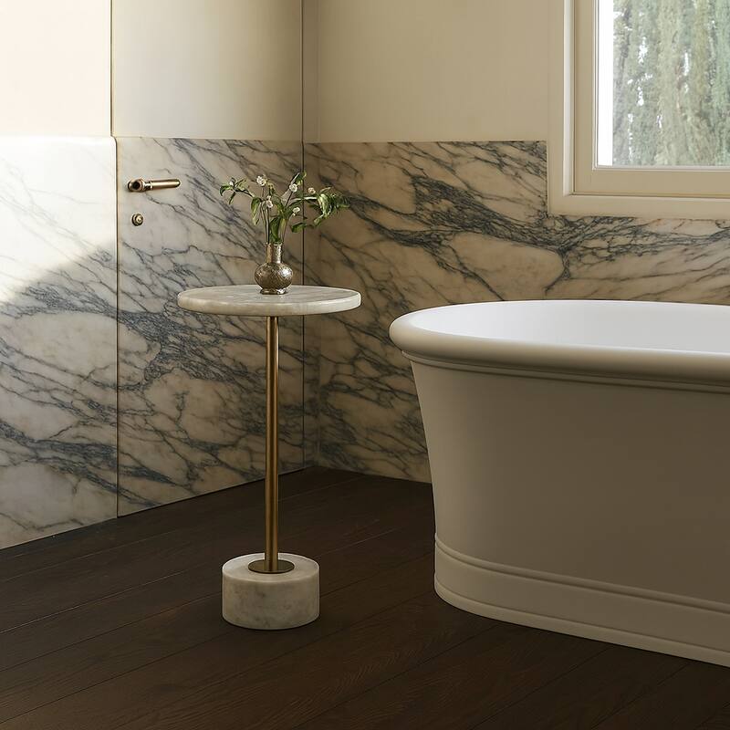 Marble Metal Side Table Modern Slim Base Narrow Round Top Home Decor - 24.0"