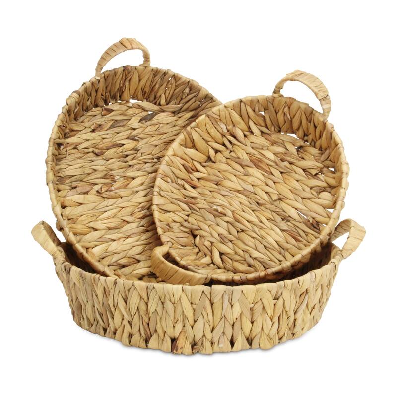 Laelia Light Brown Water Hyacinth Woven Round Basket Trays (Set of 3)