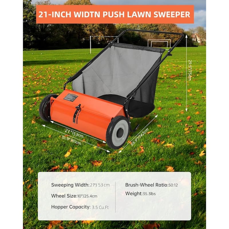 21-Inch Push Lawn Sweeper 35 cu. ft. Capacity Adjustable Height for Grass Leaves and Debris