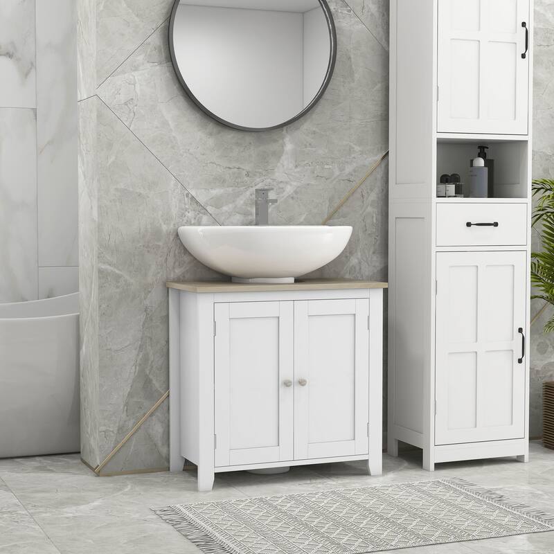 Modern White Bathroom Cabinet with Wood Grain Top and MDF Adjustable Storage Shelves - 23.5" W x 11.75" D x 23.5" H