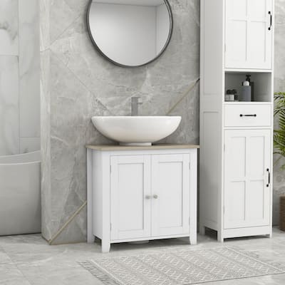 Modern White Bathroom Cabinet with Wood Grain Top and MDF Adjustable Storage Shelves - 23.5" W x 11.75" D x 23.5" H