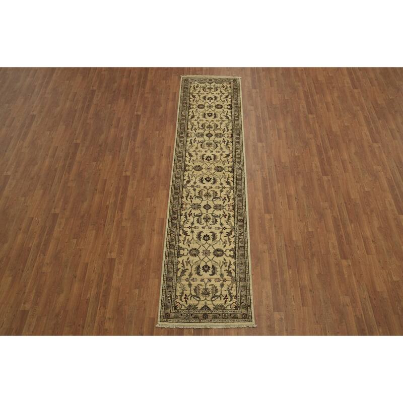 Hand Knotted Oriental 100% Wool Carpet Traditional All-Over Beige & Ivories Ziegler Runner Rug - 11' 1'' X 2' 8''