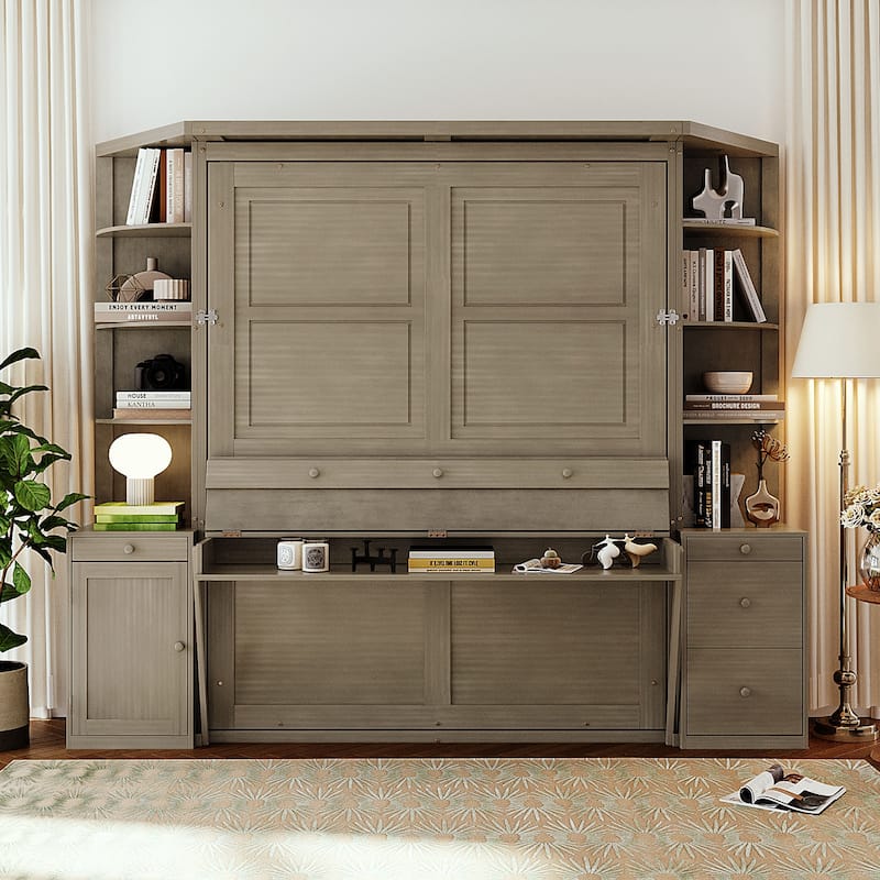 Queen Murphy Bed Wall Bed with Integrated Desk Cabinets Shelves