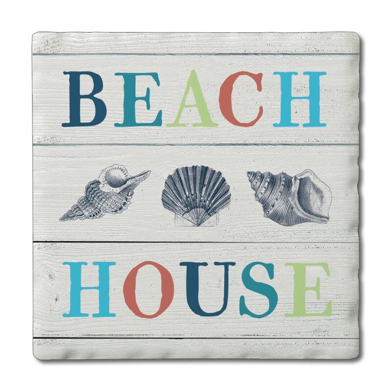 Beach House Vibe 4 Pack Absorbent Stone Coasters with Cork Backing 4" Square Made in The USA Absorbent Wipes Clean - Multi