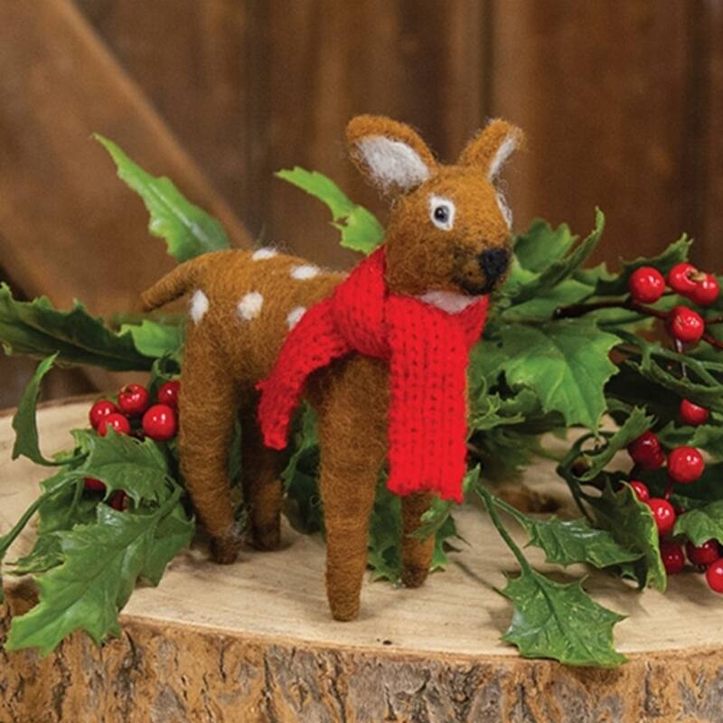 Deer with Scarf Felted Ornament Christmas Woodland Decor - 4" x 4.5"