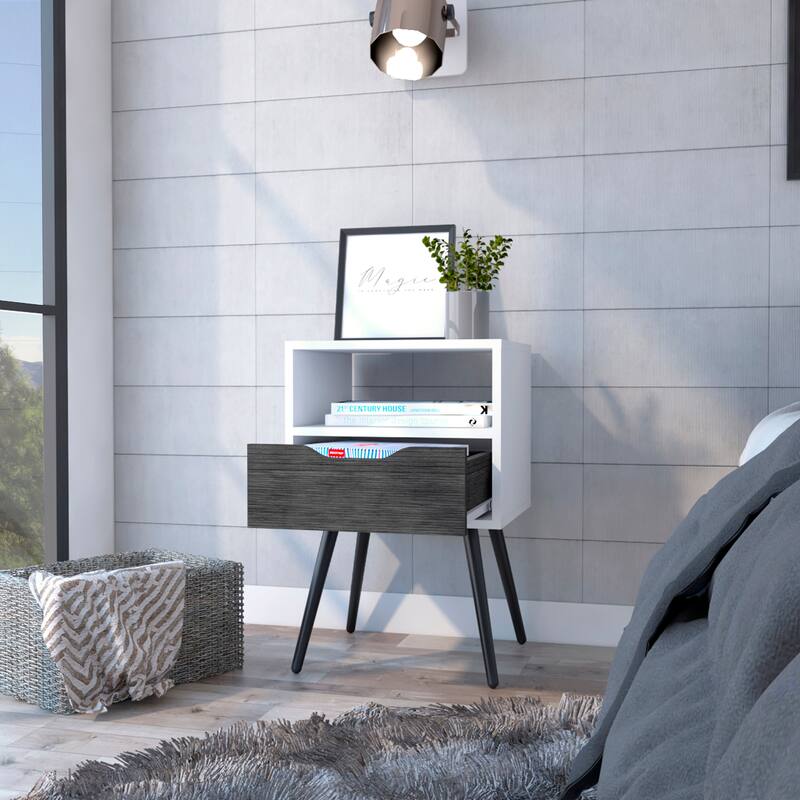 Modern Nightstand with Drawer and Shelf, Smokey Oak & White Finish, Space-Saving Design