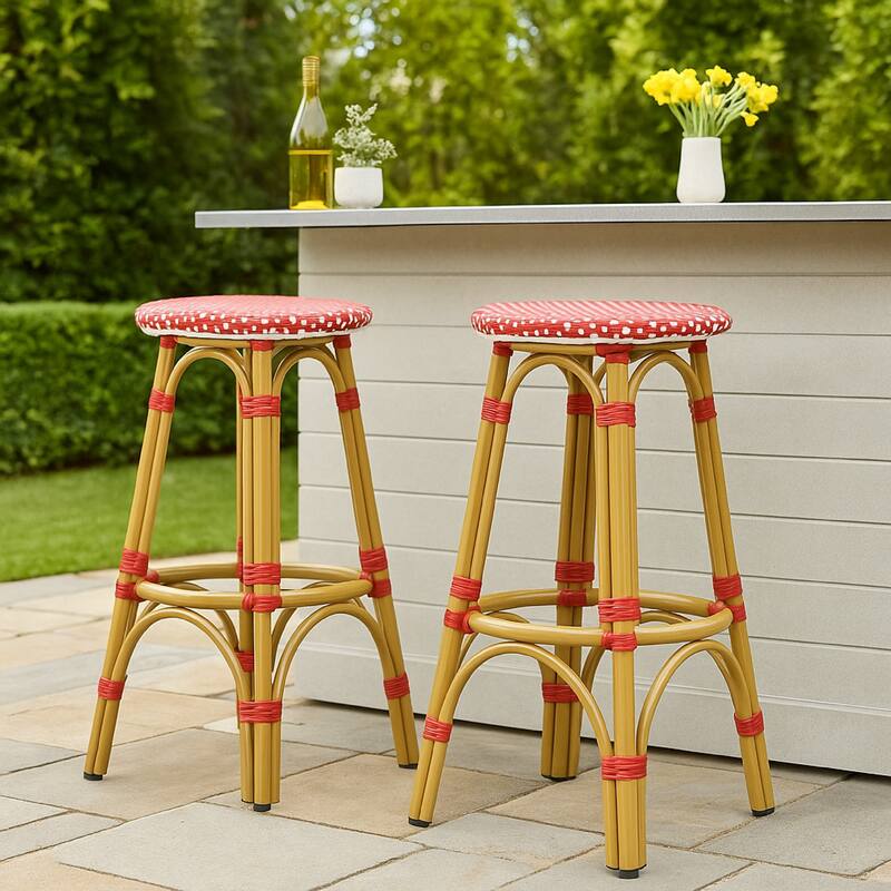 Outdoor Barstool Set of 2, Red and White Wicker Seat, Brown Aluminum