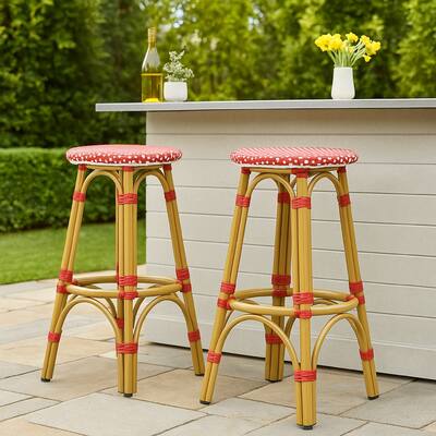 Outdoor Barstool Set of 2, Red and White Wicker Seat, Brown Aluminum