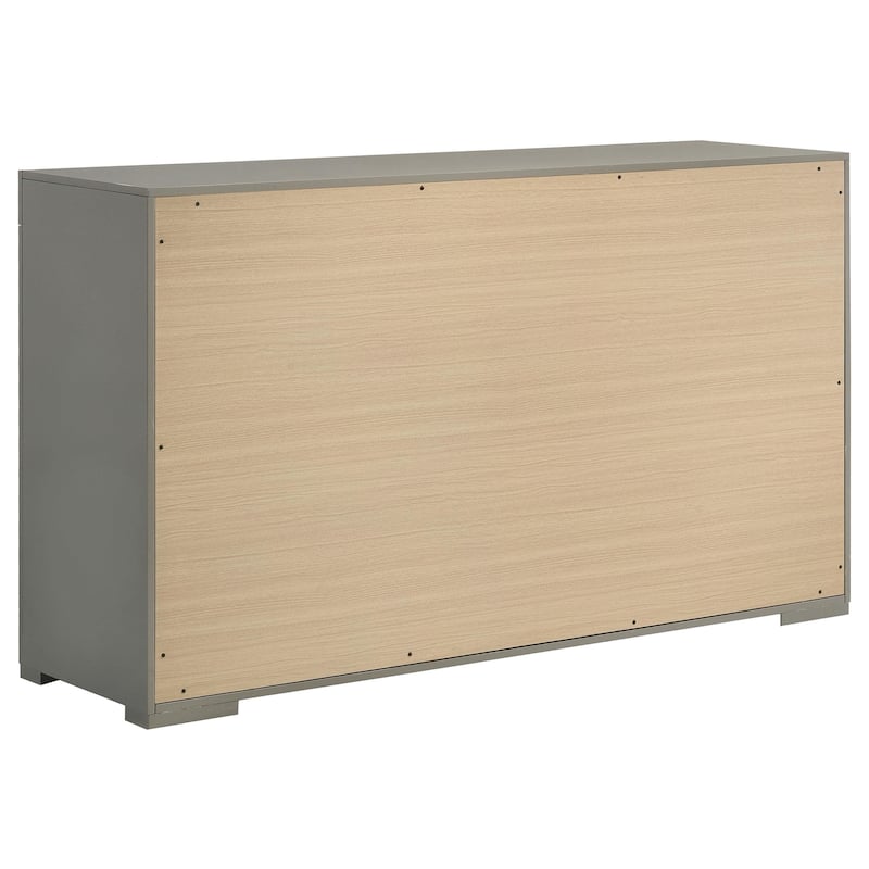 Ivon Wide Dresser, 6 Drawers, Bar Handles, Glossy Gray Solid Hardwood