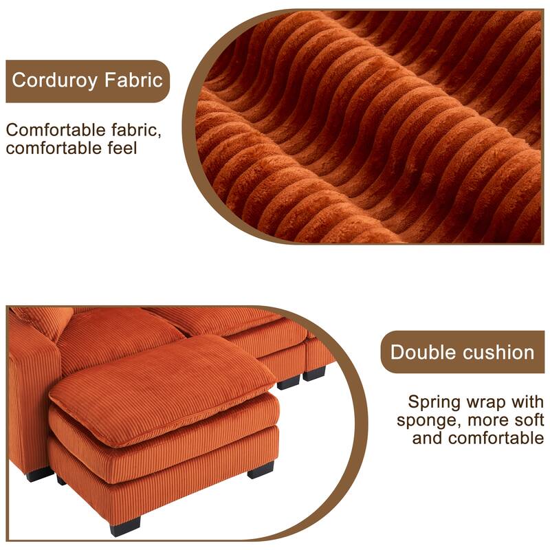 Modern U Shaped 6-seat Sectional Corduroy Sofa Couch with one Ottoman and three toss pillows ,Modular Sofa for Living Room
