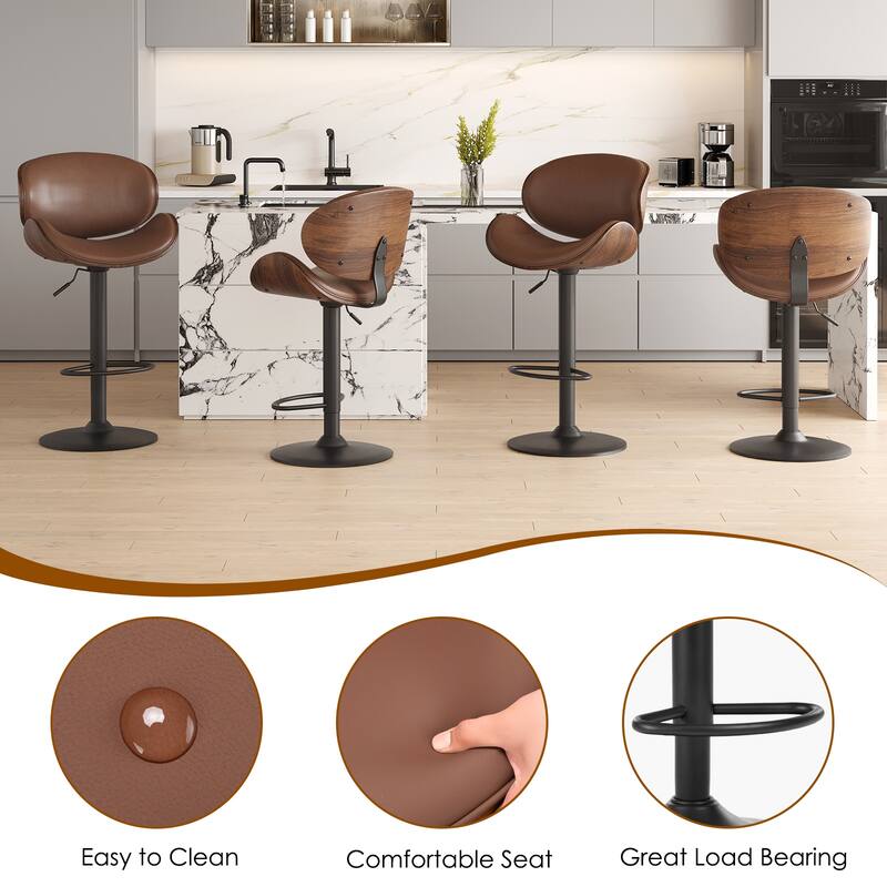 Swivel Bar Stools Set of 2, Adjustable Height Bentwood Barstools with PU Leather Upholstered Seat, Backrest and Footrest