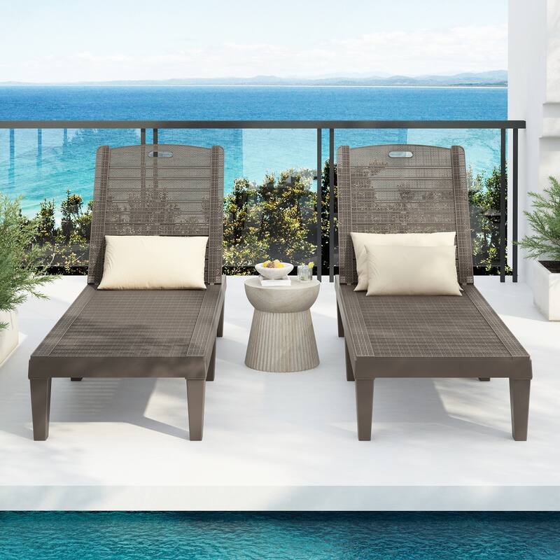 2-Piece Outdoor Chaise Lounges with Adjustable Backrest - Light Brown