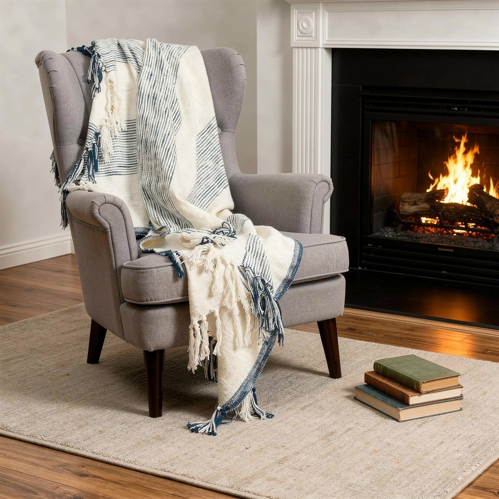 HomeRoots 50" X 60" Ivory Cotton Woven Striped Throw Blanket with Fringe