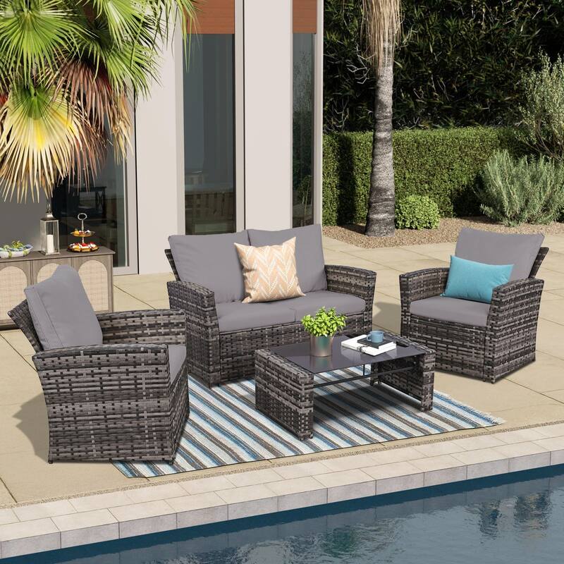 4-Piece Wicker Outdoor Sofa Set, 1 Loveseats, 2 Single Sofas, 1 Table