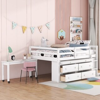 Full Size Wooden Loft Bed with Retractable Writing Desk and 4 Drawers, Lateral Portable Desk and Shelves