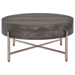 1 Drawer Round Modern Coffee Table with Crossed Metal Legs, Brown and ...