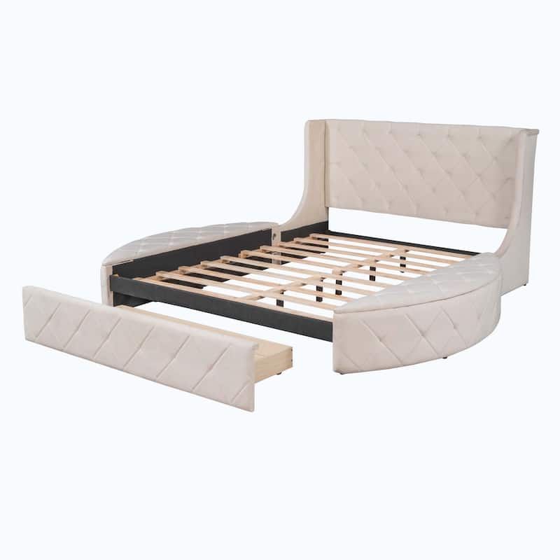 Queen Size Upholstered Platform Bed with Wingback Headboard and 1 Big Drawer,2 Side Storage Stool