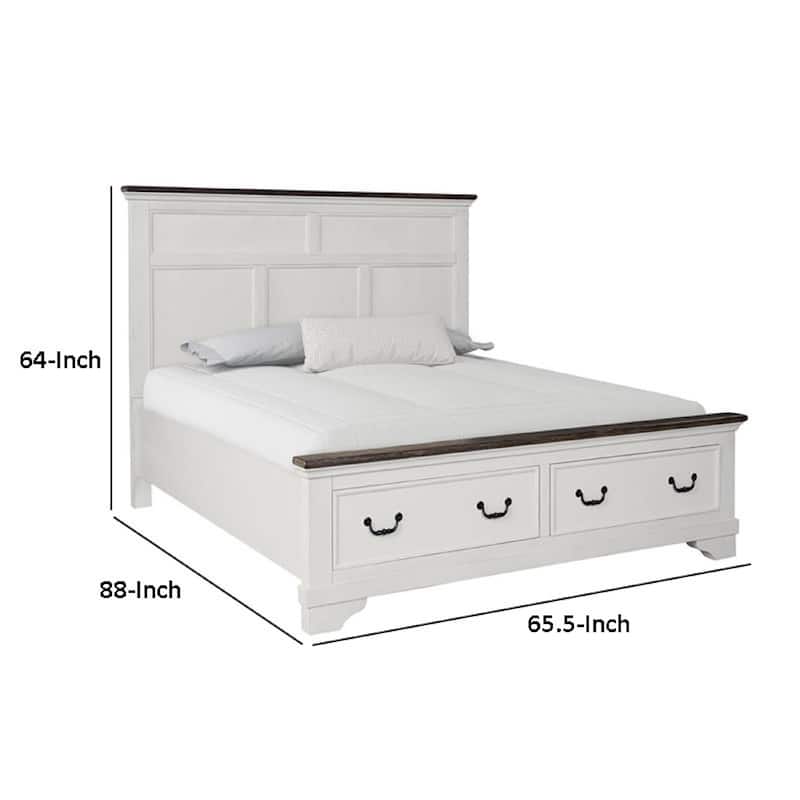 Hamps Queen Size Bed, 2 Drawers, White and Dark Brown Solid Wood Frame