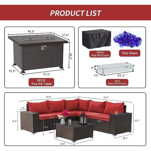 dimension image slide 6 of 7, Outdoor Patio Furniture Set, All Weather PE Wicker Sectional Conversion Sofa set with Firepit(Optional)